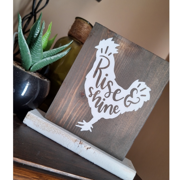 Rustic Rooster Rise and Shine Wood Table Top Sign - Picture 1 of 3